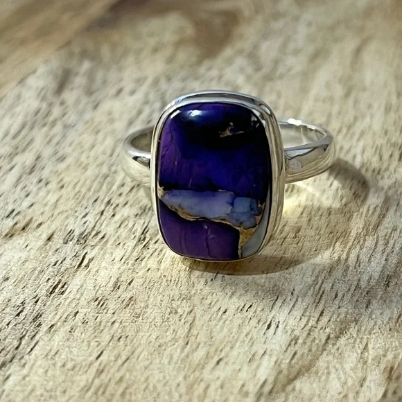 SOLID 925 SILVER PURPLE DAHLIA COPPER SPINY TURQUOISE GEMSTONE RING SIZE 8.25 - Picture 5 of 9